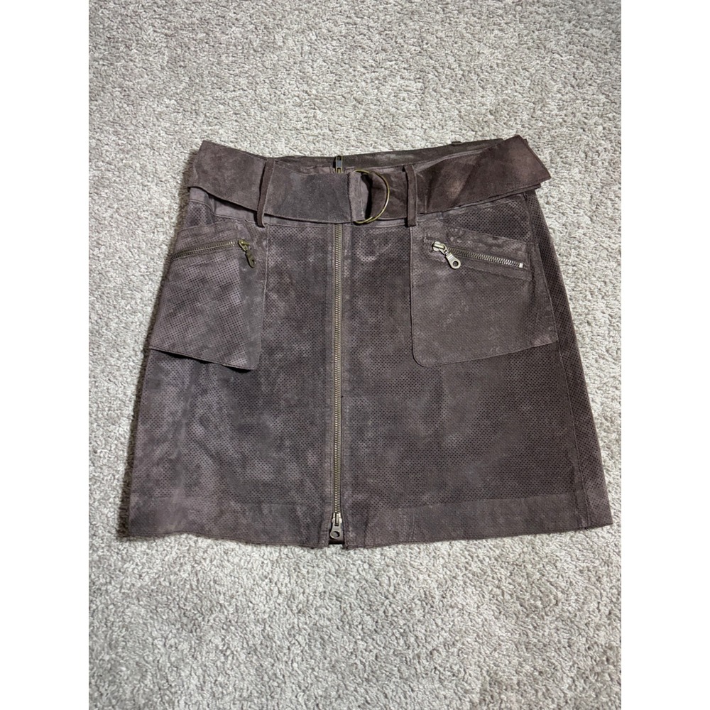 INC International Concepts Brown Suede Leather Perforated Mini Skirt Y2KBelted 4